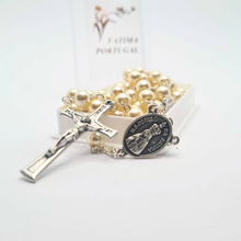 Cargar imagen en el visor de la galería, Pearl Rosary with Apparitions of Our Lady of Fatima Medals and Terra of Fatima