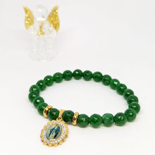 Load image into Gallery viewer, Natural Green Stone Bracelet with Golden Stainless Steel Miraculous Medal