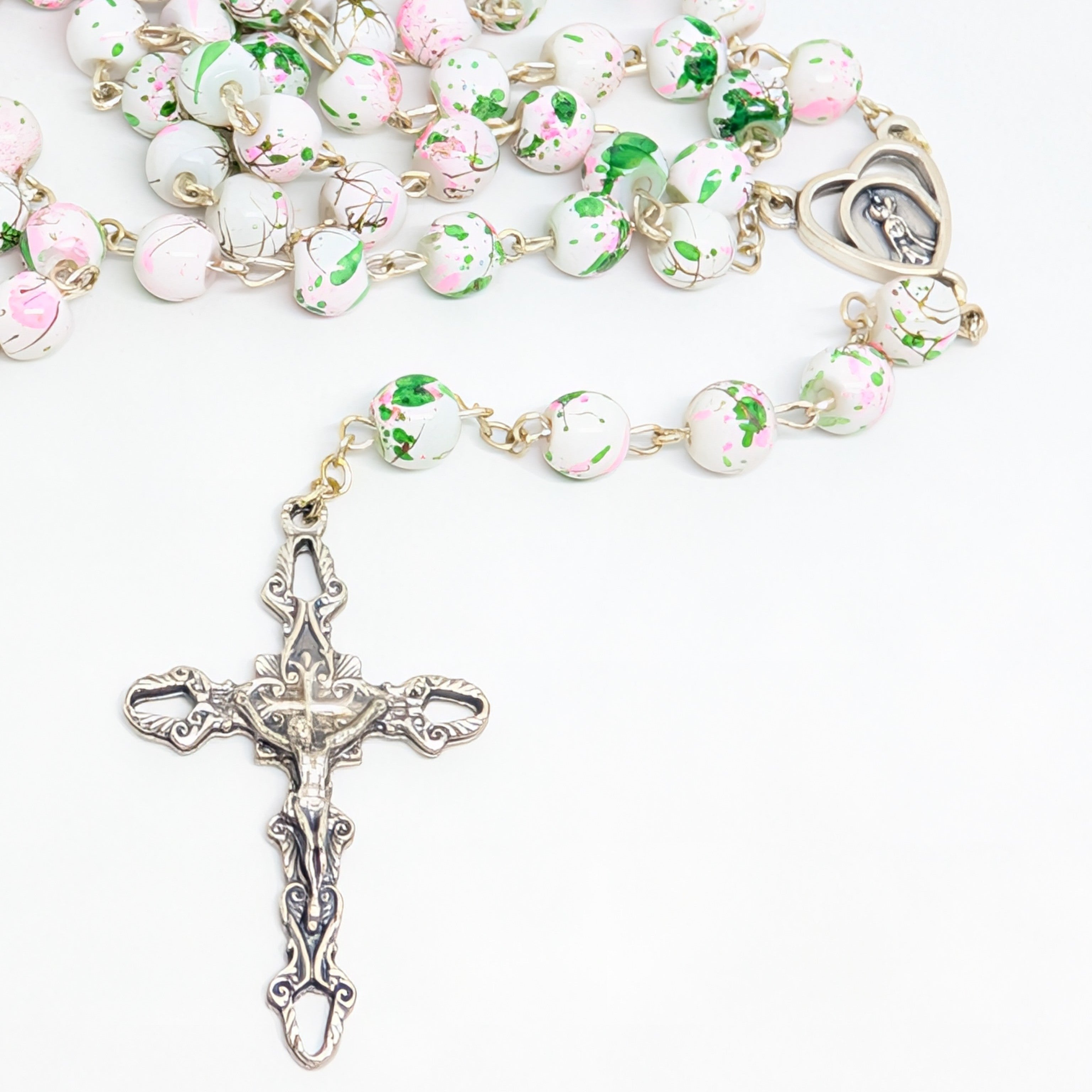 Pink and green Marble-Effect Crystal Rosary with Heart Centerpiece and white Pouch