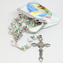Load image into Gallery viewer, Pink and green Marble-Effect Crystal Rosary with Heart Centerpiece and white Pouch
