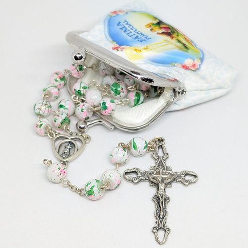 Pink and green Marble-Effect Crystal Rosary with Heart Centerpiece and white Pouch