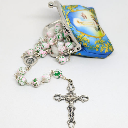 Pink and green Marble-Effect Crystal Rosary with Heart Centerpiece and Blue Pouch