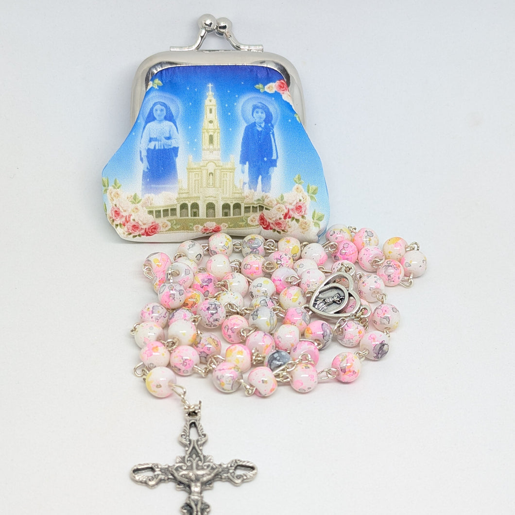 Pink Marble-Effect Crystal Rosary with Heart Centerpiece and Pouch