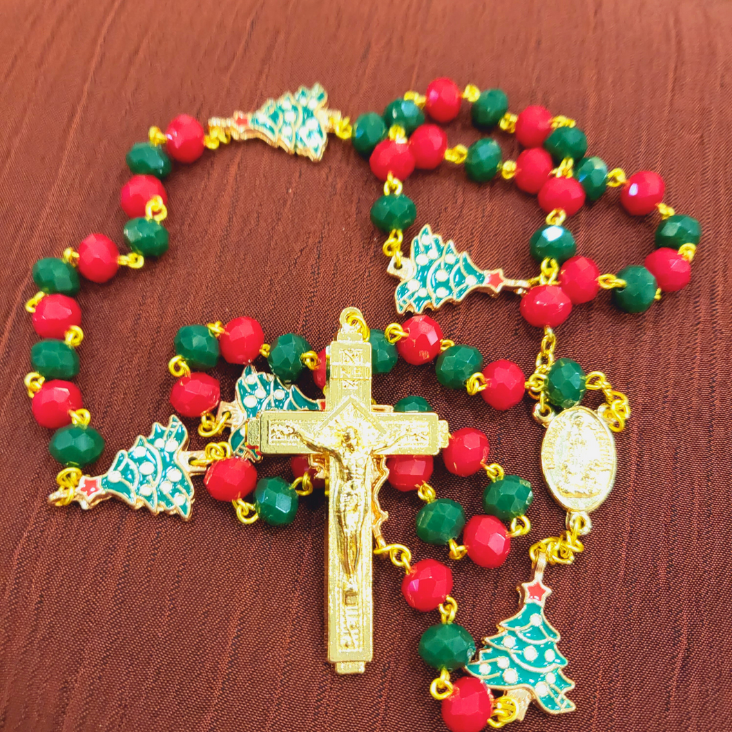 Christmas Rosary - Christmas Tree - Golden Cross