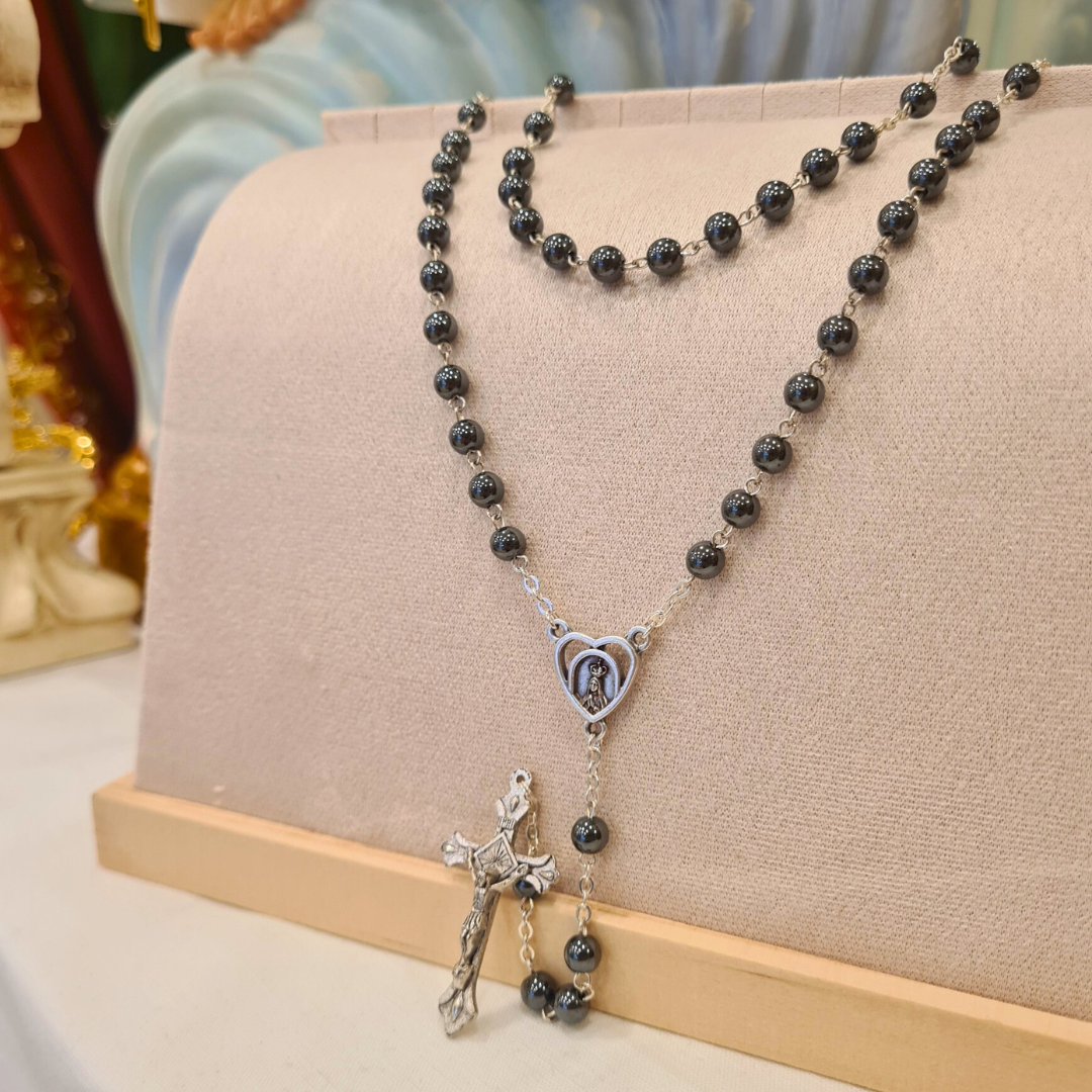 Genuine Hematite Stone Rosary with Heart Centerpiece