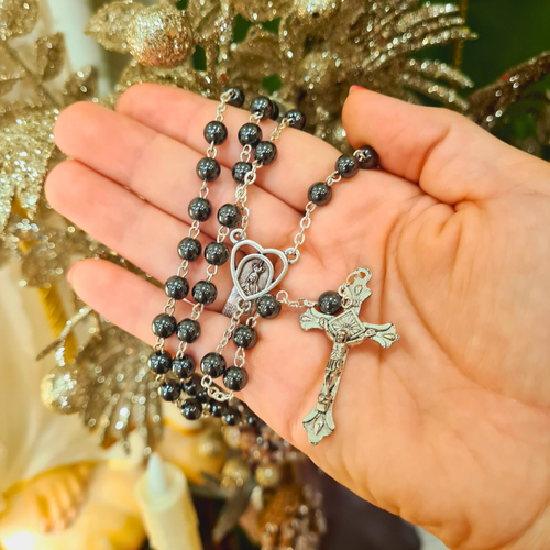 Genuine Hematite Stone Rosary with Heart Centerpiece