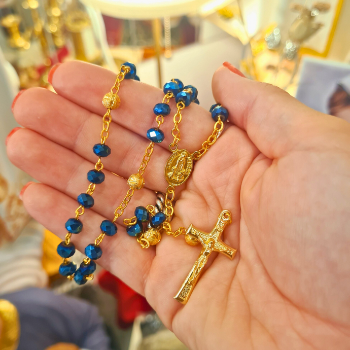 Golden Blue Crystal Rosary with Fatima Apparitions