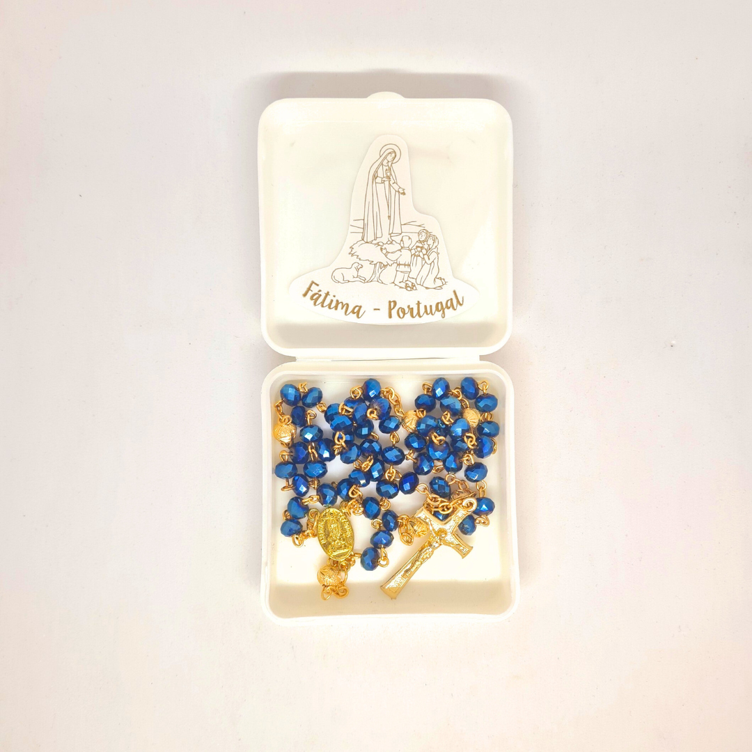 Golden Blue Crystal Rosary with Fatima Apparitions