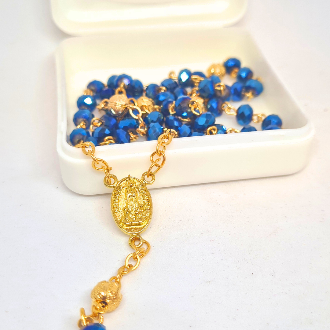 Golden Blue Crystal Rosary with Fatima Apparitions
