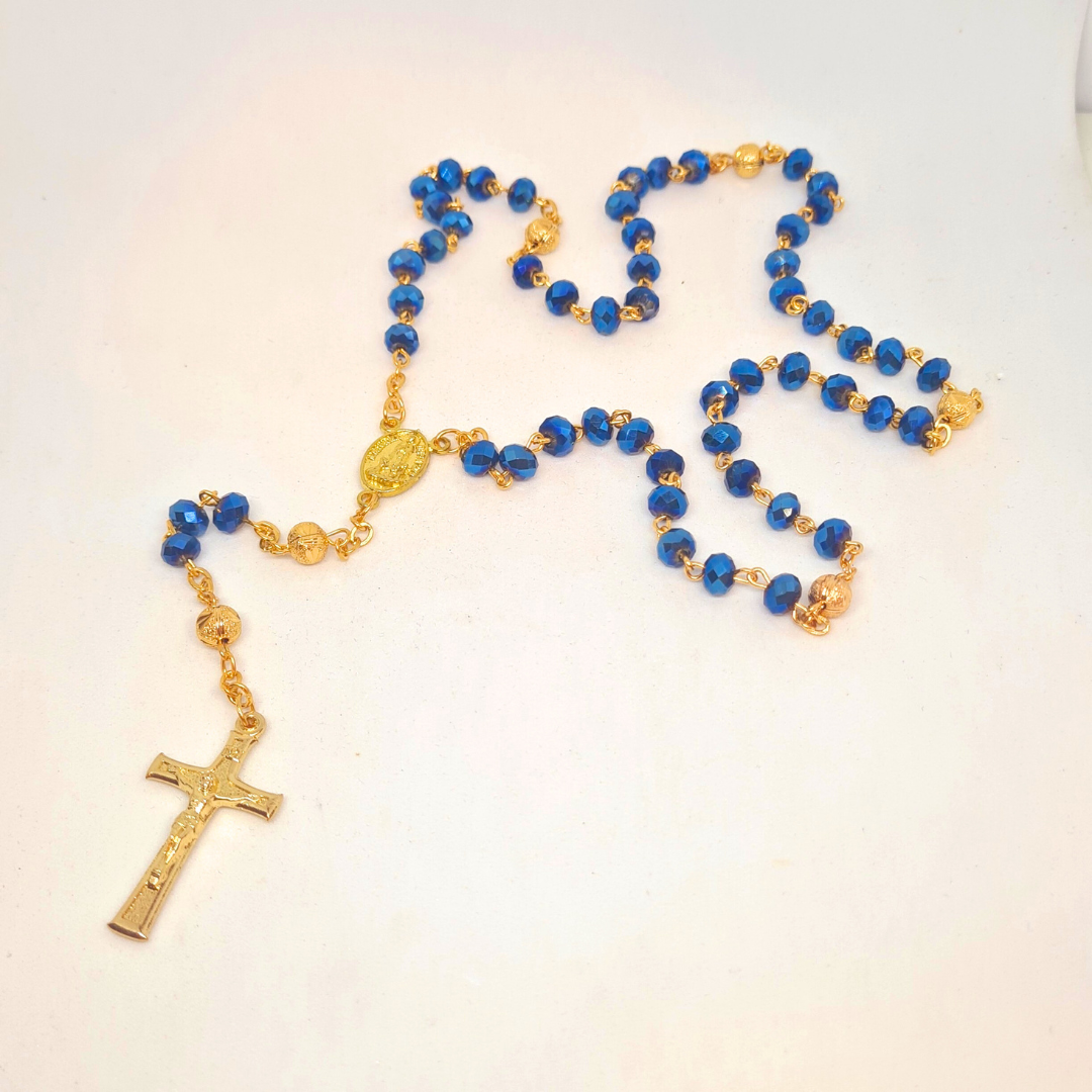 Golden Blue Crystal Rosary with Fatima Apparitions