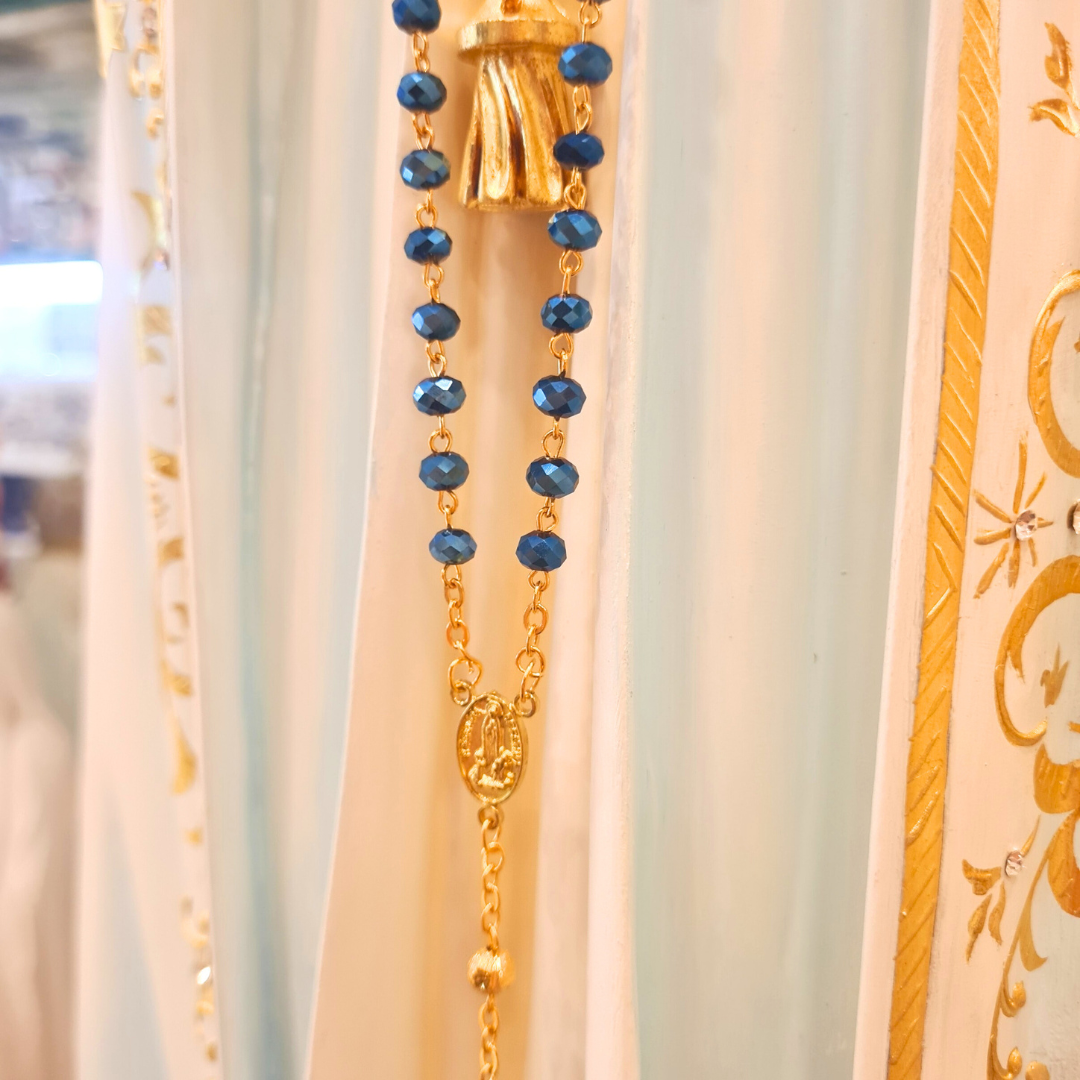 Golden Blue Crystal Rosary with Fatima Apparitions