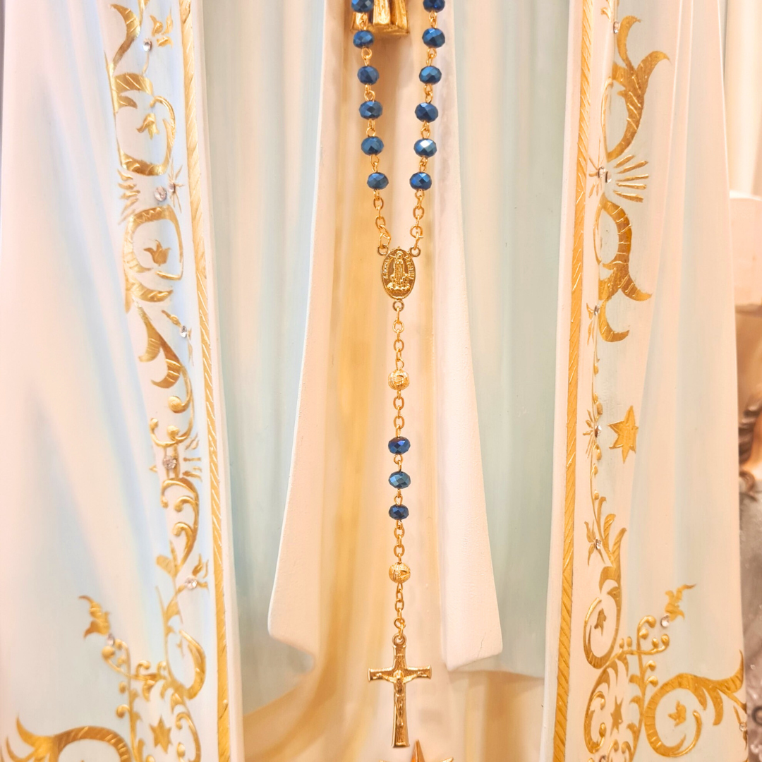 Golden Blue Crystal Rosary with Fatima Apparitions