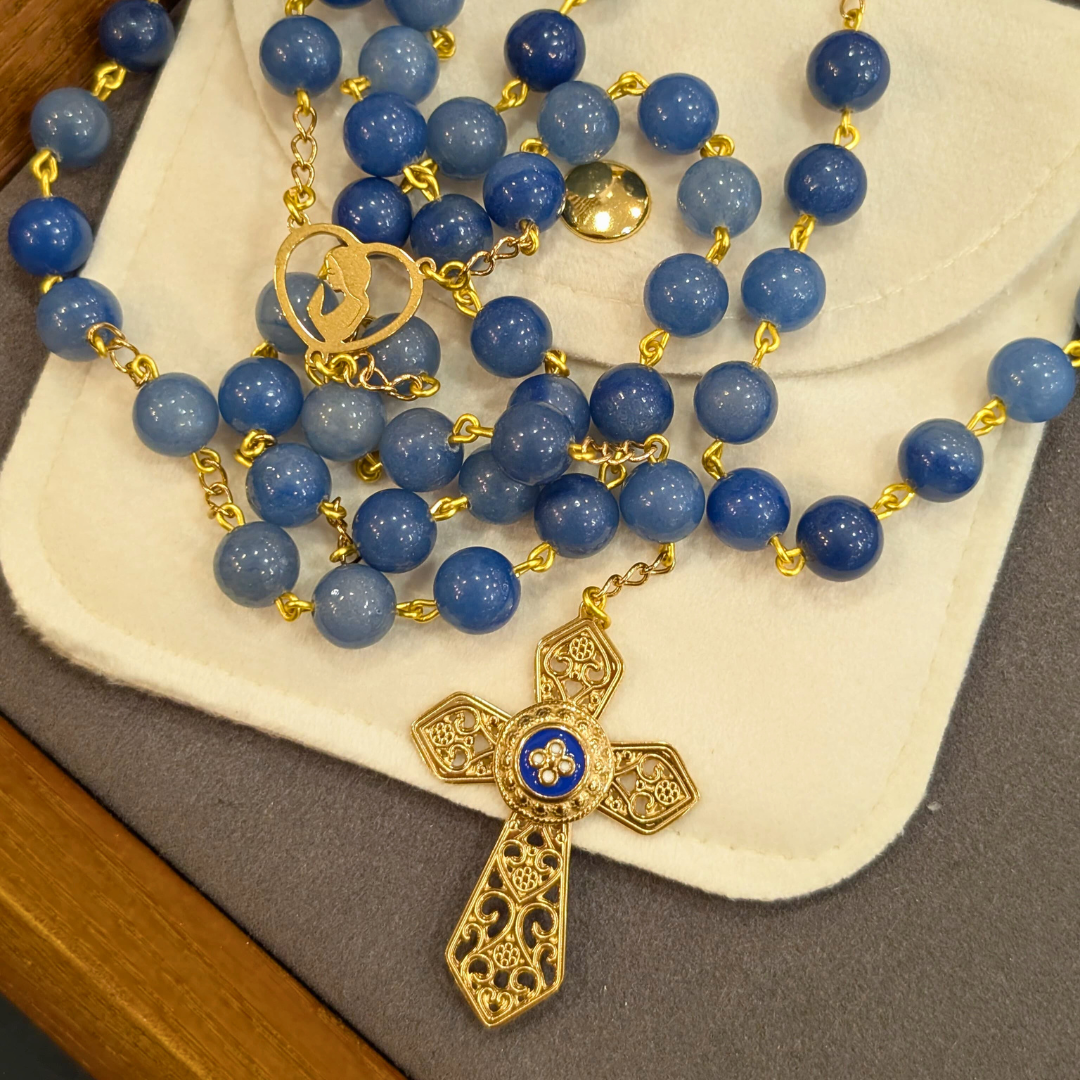 Natural Blue Agate Stone Rosary with Fatima Heart