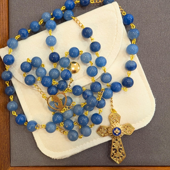 Natural Blue Agate Stone Rosary with Fatima Heart