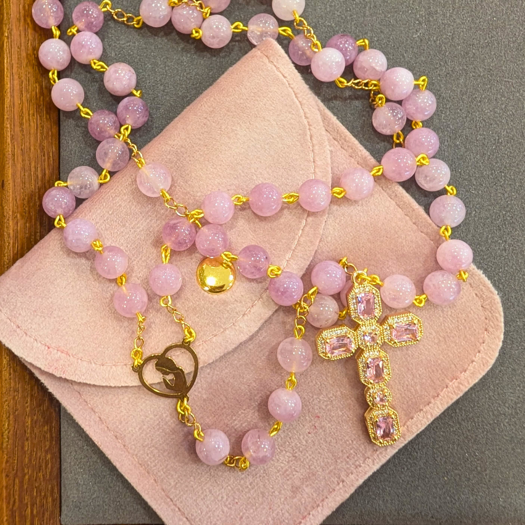 Natural Pink Quartz Stone Rosary with Crystal Cross
