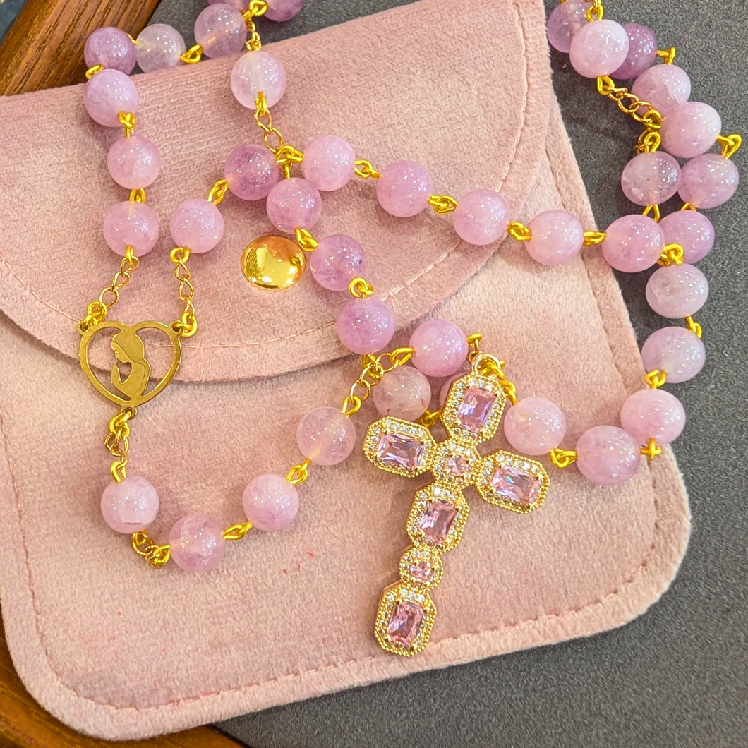 Natural Pink Quartz Stone Rosary with Crystal Cross