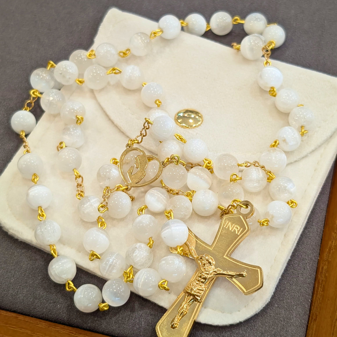 Natural White Selenite Stone Rosary with Gold-Toned Crucifix