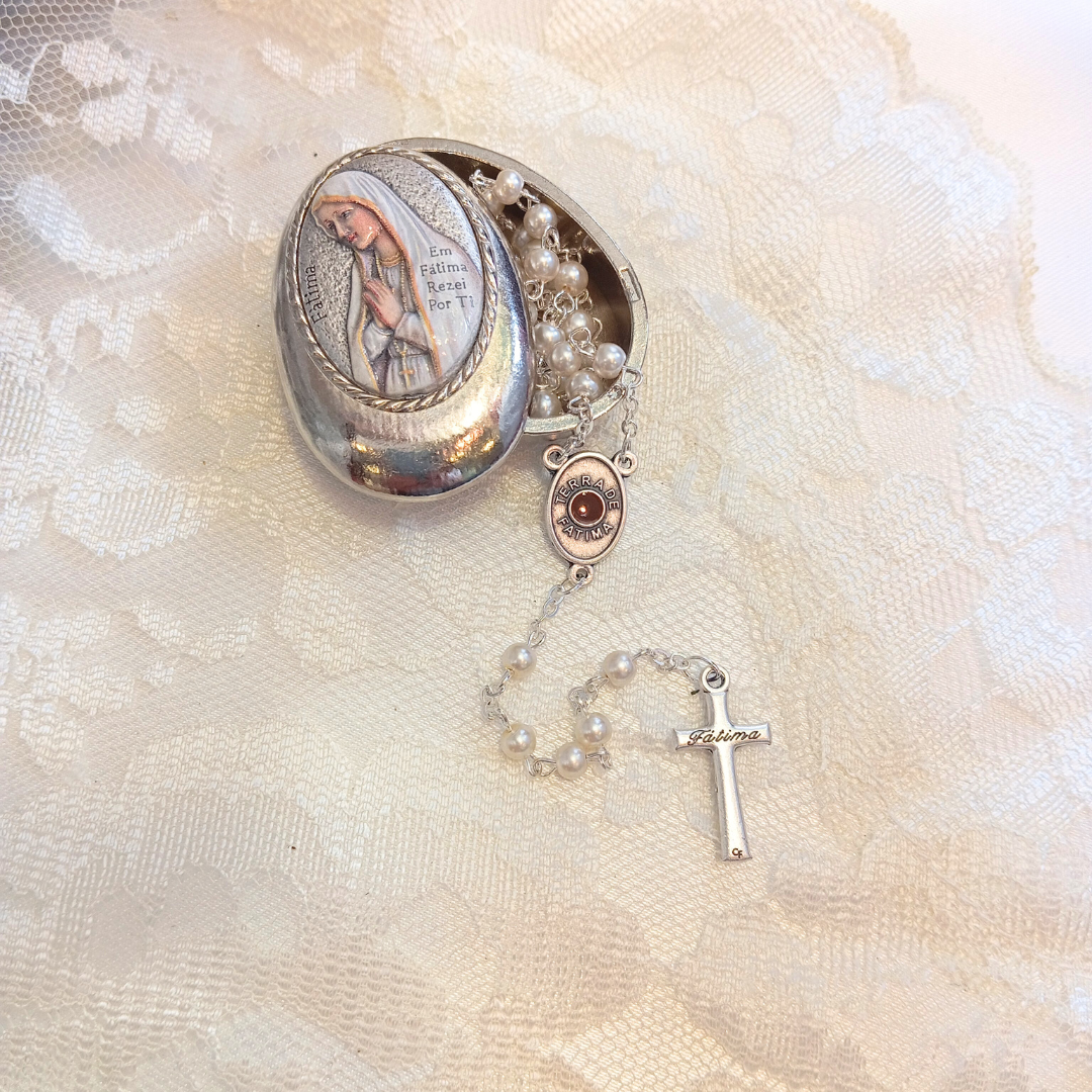 Our Lady of Fatima Pocket Rosary with Colored Metal Box