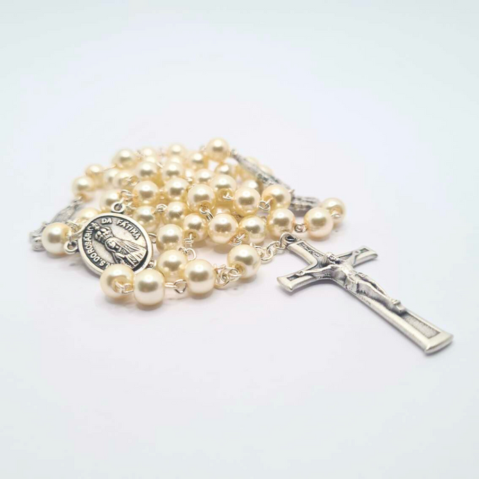 Pearl Rosary with Apparitions of Our Lady of Fatima Medals and Terra of Fatima