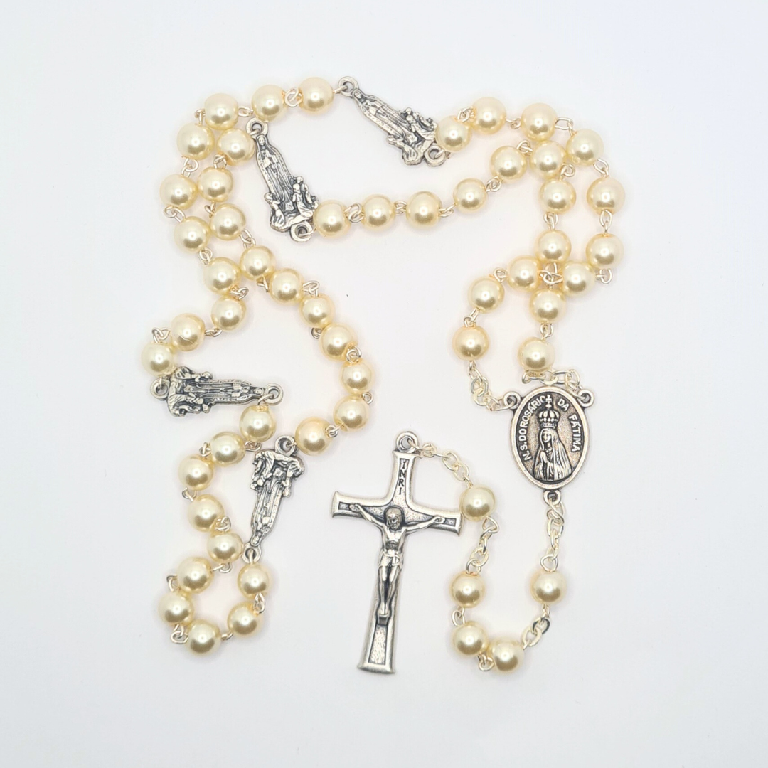 Pearl Rosary with Apparitions of Our Lady of Fatima Medals and Terra of Fatima