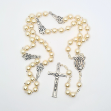 Cargar imagen en el visor de la galería, Pearl Rosary with Apparitions of Our Lady of Fatima Medals and Terra of Fatima
