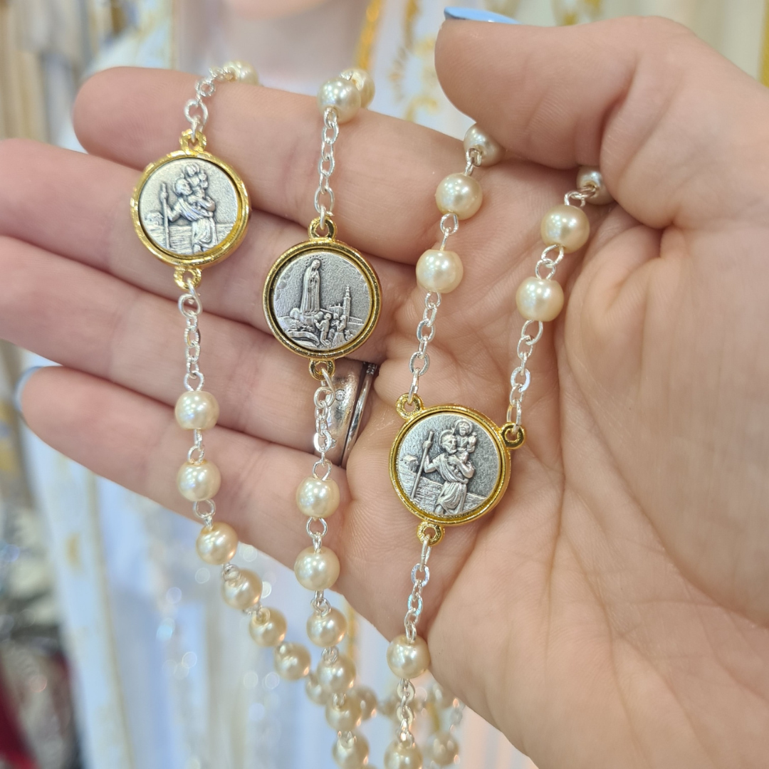 Pearl Rosary with Saint Christopher and Fatima Medals
