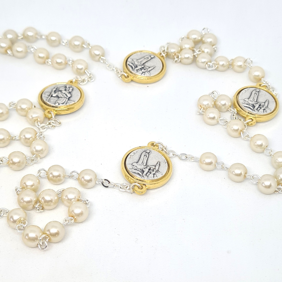 Pearl Rosary with Saint Christopher and Fatima Medals
