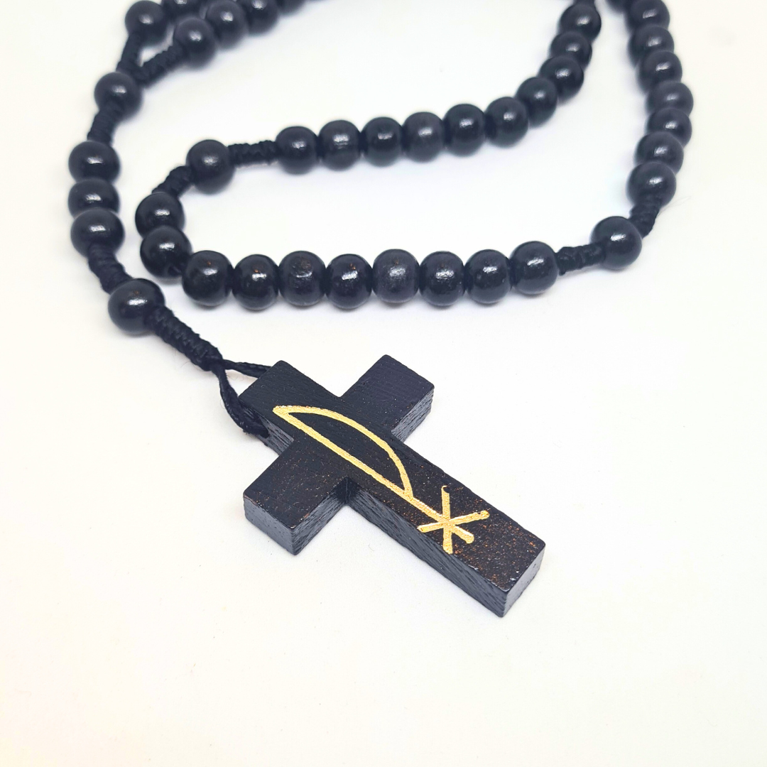Traditional Black Wood Bead Rosary on Cord