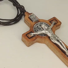 Load and play video in Gallery viewer, Saint Benedict Wood Cross Necklace
