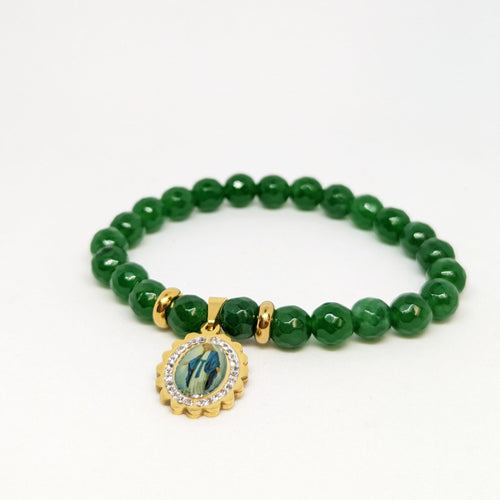 Natural Green Stone Bracelet with Golden Stainless Steel Miraculous Medal