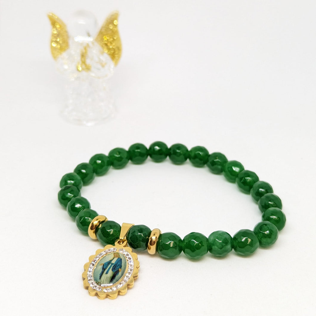 Natural Green Stone Bracelet with Golden Stainless Steel Miraculous Medal