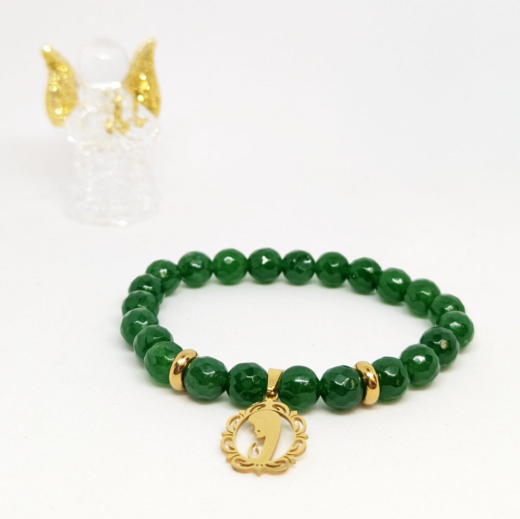 Natural Green Stone Bracelet with Golden Stainless Steel Medal