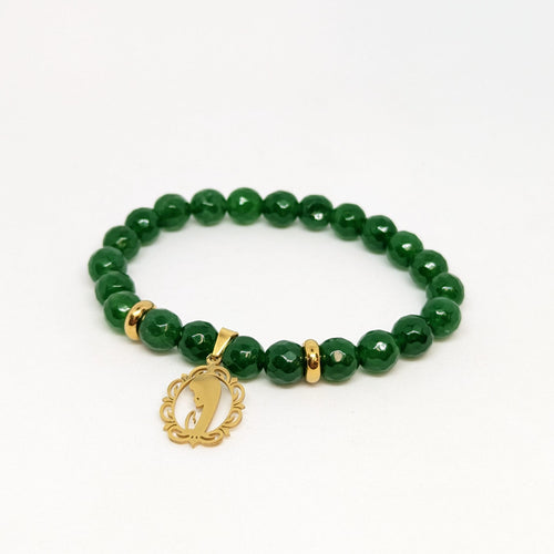 Natural Green Stone Bracelet with Golden Stainless Steel Medal