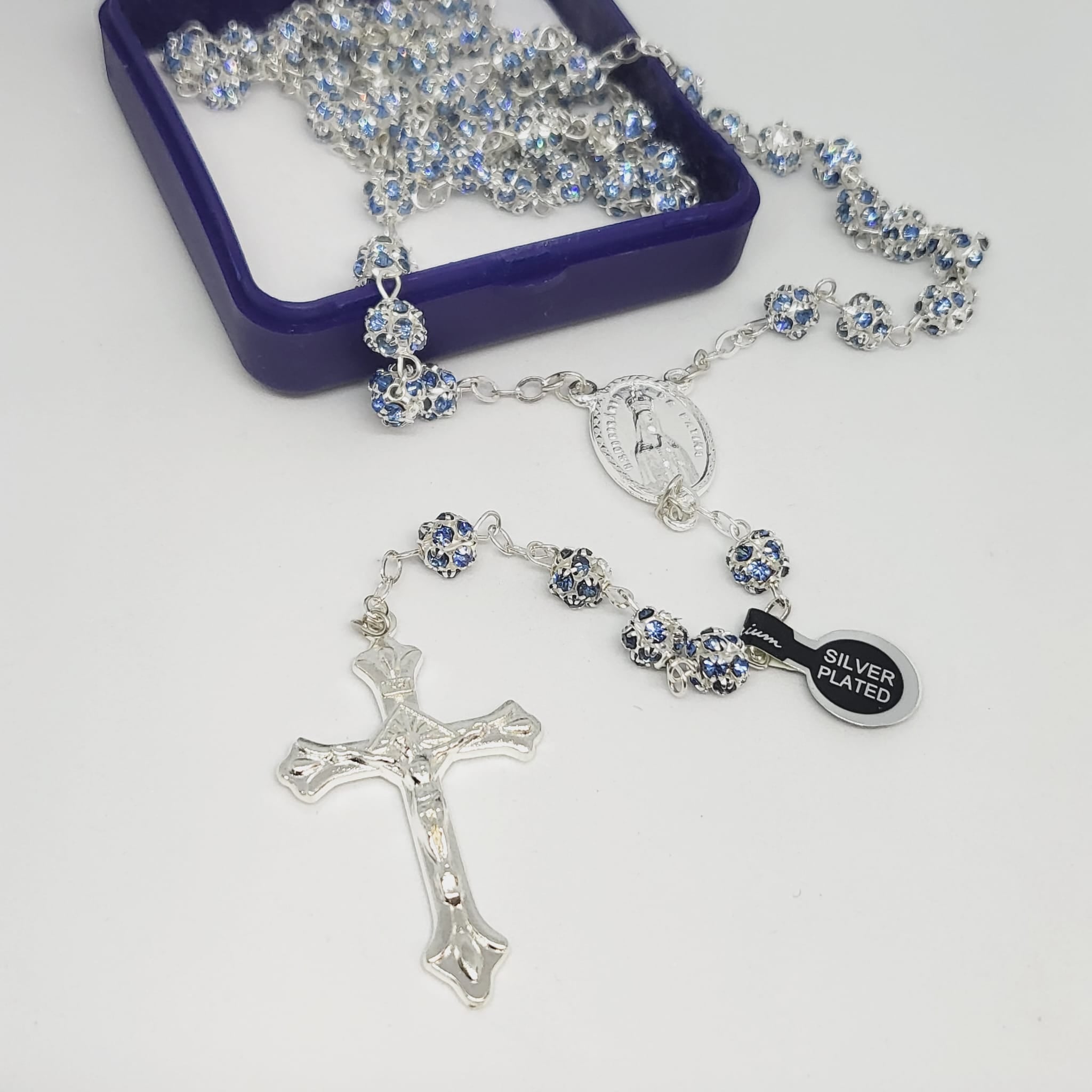 Premium Silver Medal of Fatima Rosary - Blue