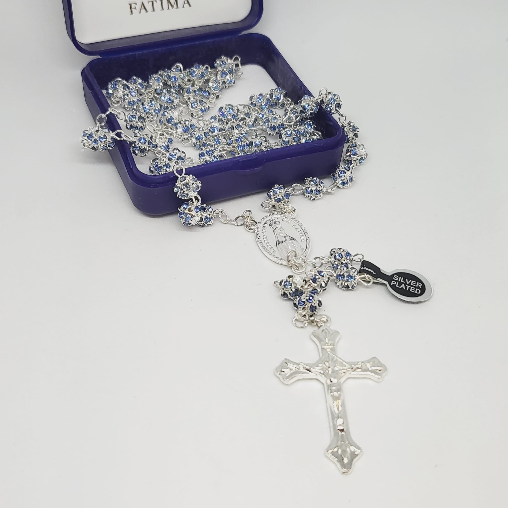 Premium Silver Medal of Fatima Rosary - Blue