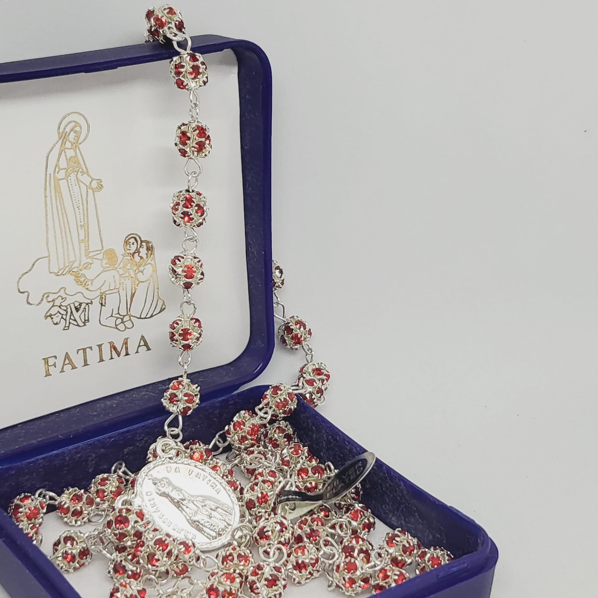 Premium Silver Medal of Fatima Rosary - Red