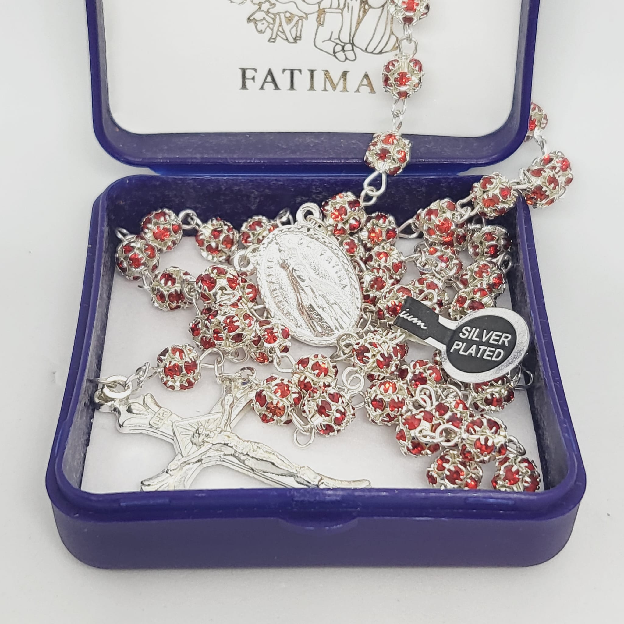 Premium Silver Medal of Fatima Rosary - Red