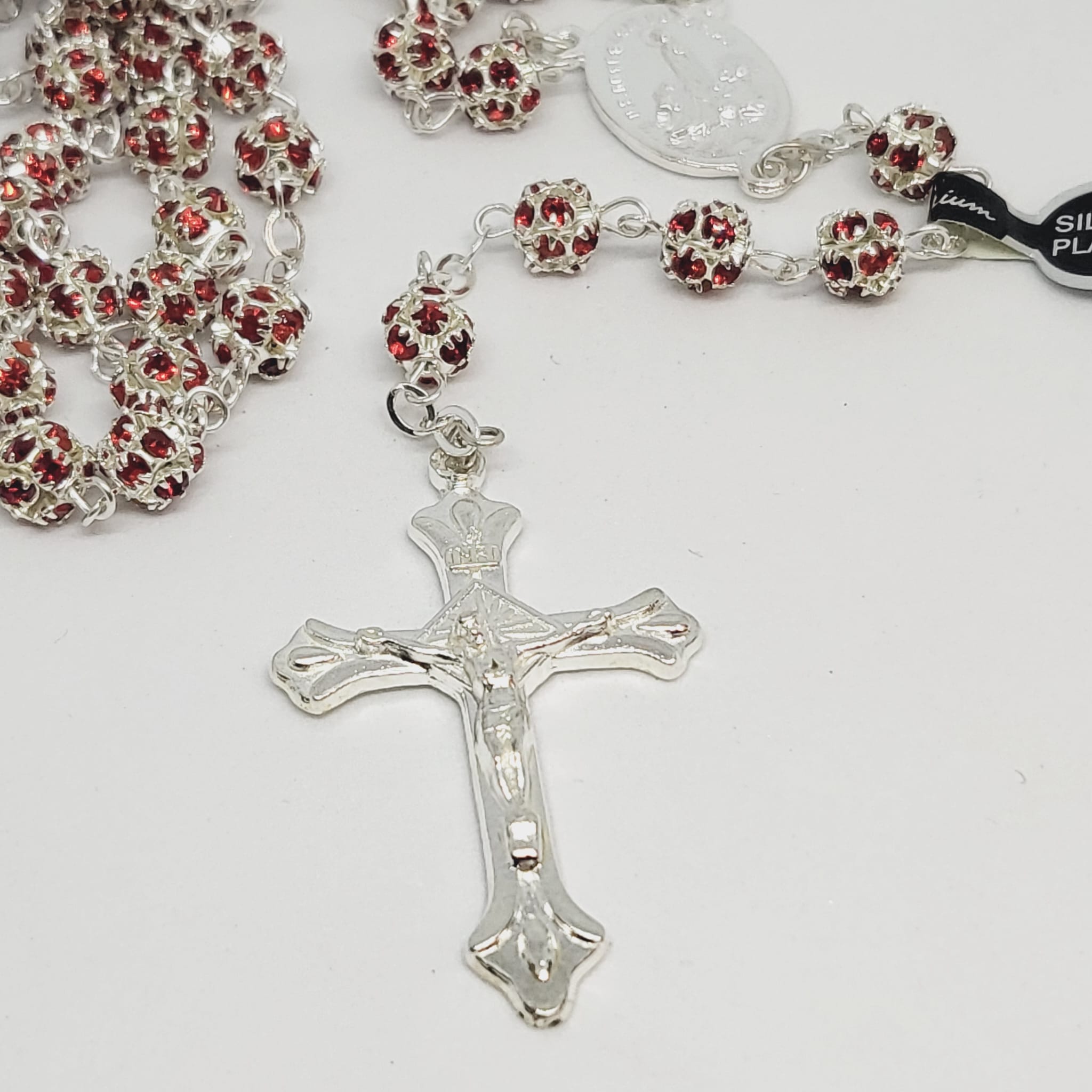 Premium Silver Medal of Fatima Rosary - Red