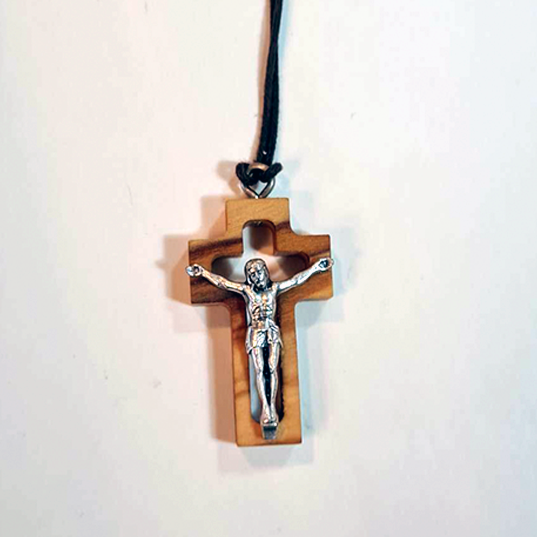 Wood Cross Necklace with metalic Jesus image